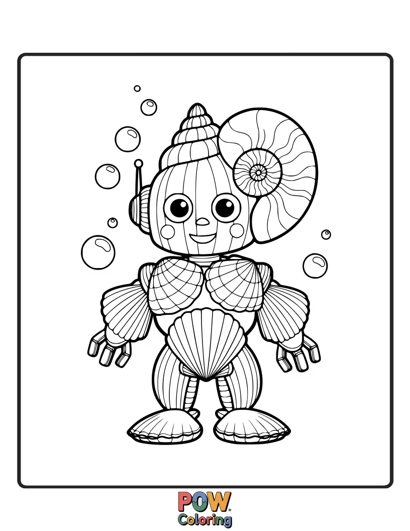 Free coloring page of A cute, friendly robot constructed entirely from different seashell parts, with playful gears and buttons.