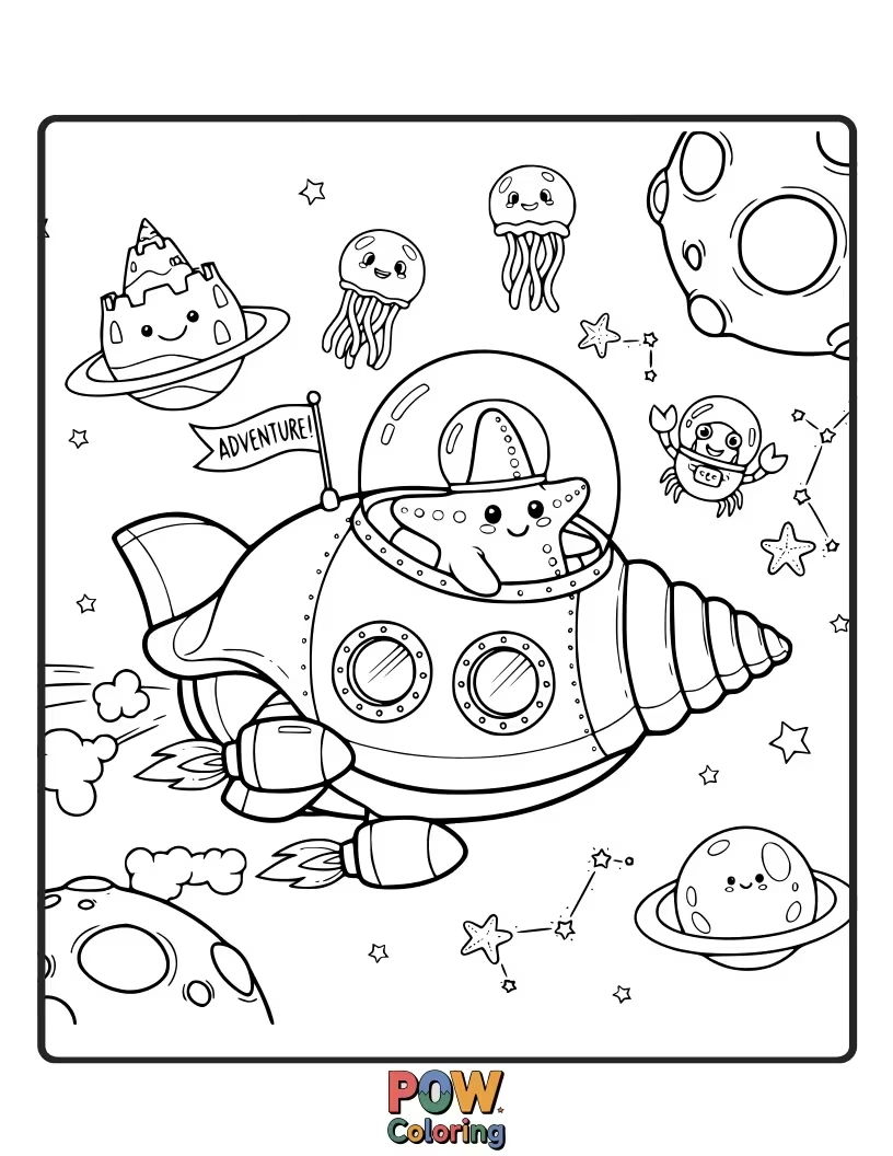 Free coloring page of A unique seashell designed like a rocket ship, blasting off on an exciting cosmic journey.