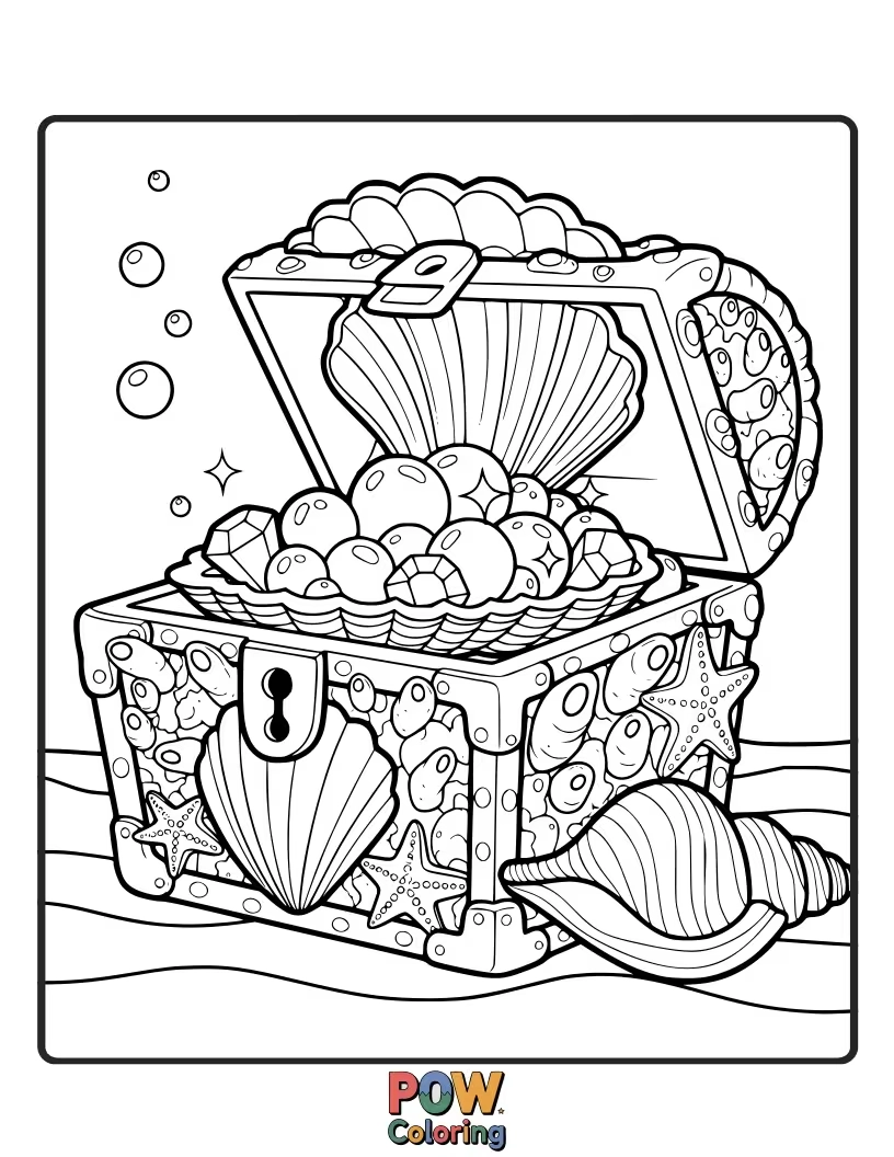 Free coloring page of An open seashell spilling out colorful gems, gold coins, and playful sea creatures, a vibrant discovery.