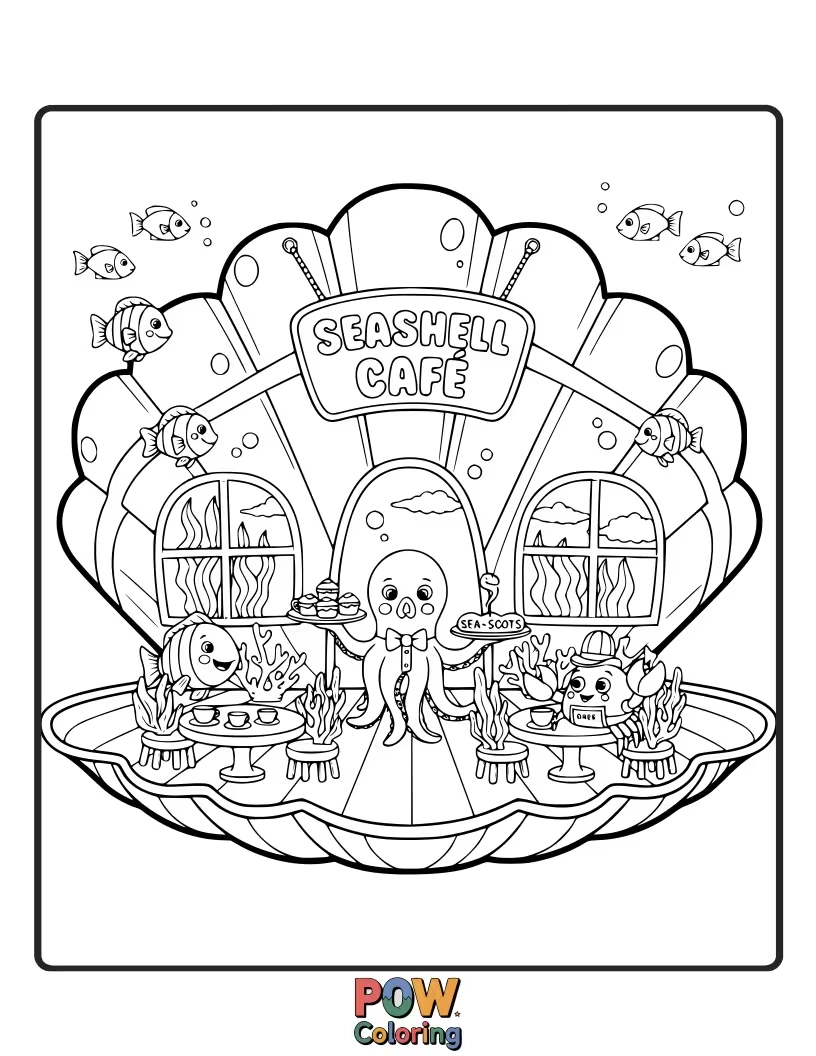 Free coloring page of A charming cafe setting inside a large seashell, with tables and tiny sea creature patrons.