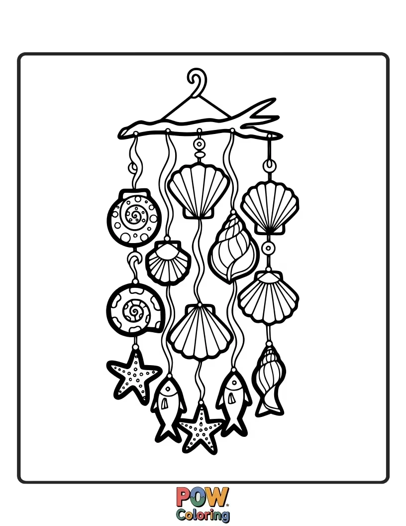 Free coloring page of Several seashells hanging together on strings, creating a charming wind chime ready for colorful melodies.