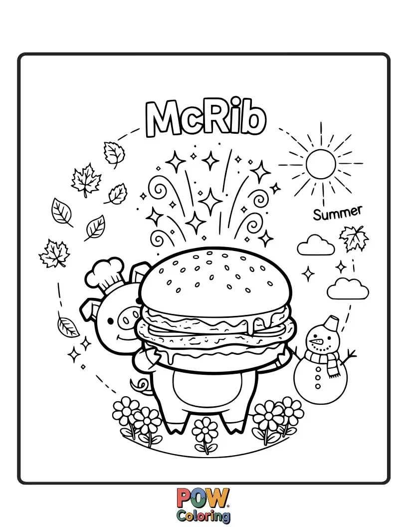Free coloring page of A McRib sandwich surrounded by falling autumn leaves or snowflakes.