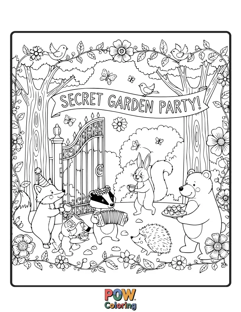 Free coloring page of Various cute garden animals secretly gathered for a fun and festive party, sharing snacks and playing games.
