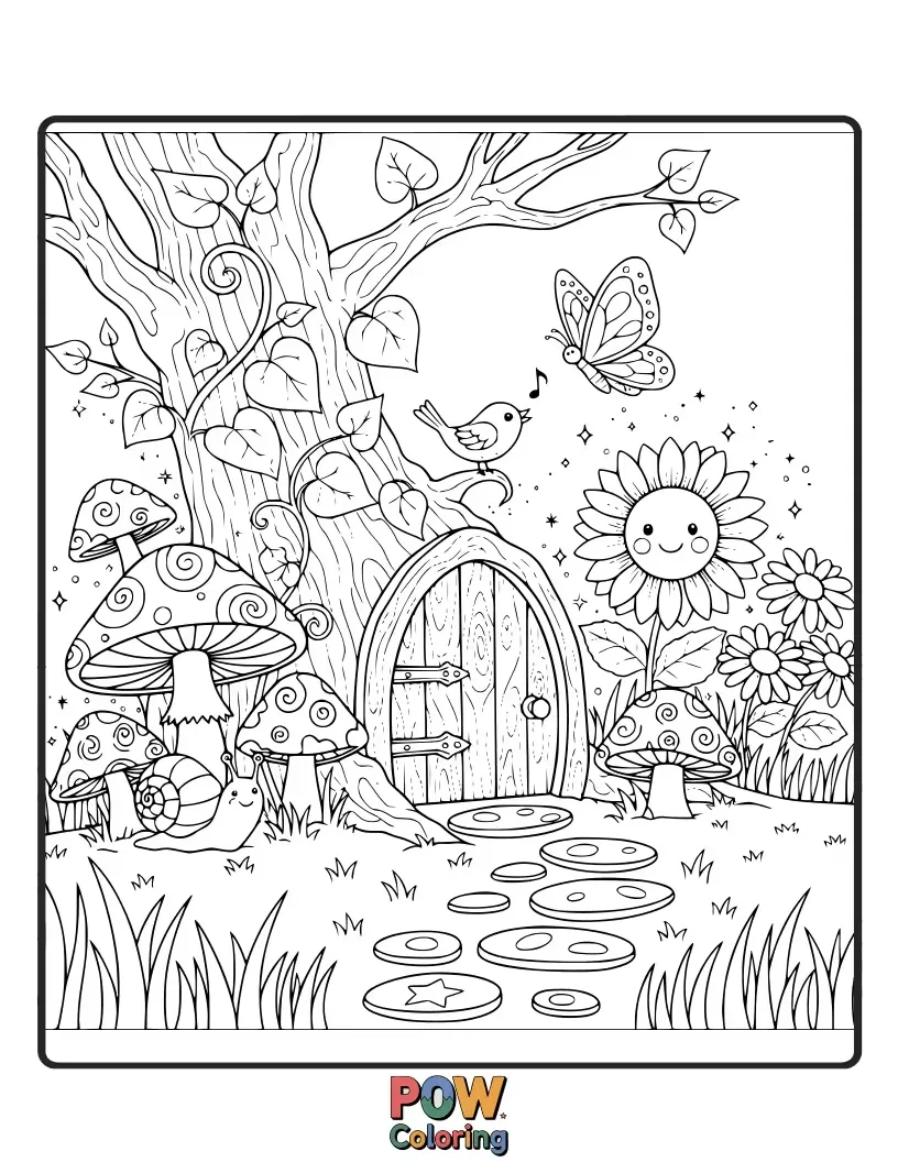 Free coloring page of Tiny, ornate fairy doors hidden amongst lush foliage, inviting imaginations to explore the hidden world of garden sprites.