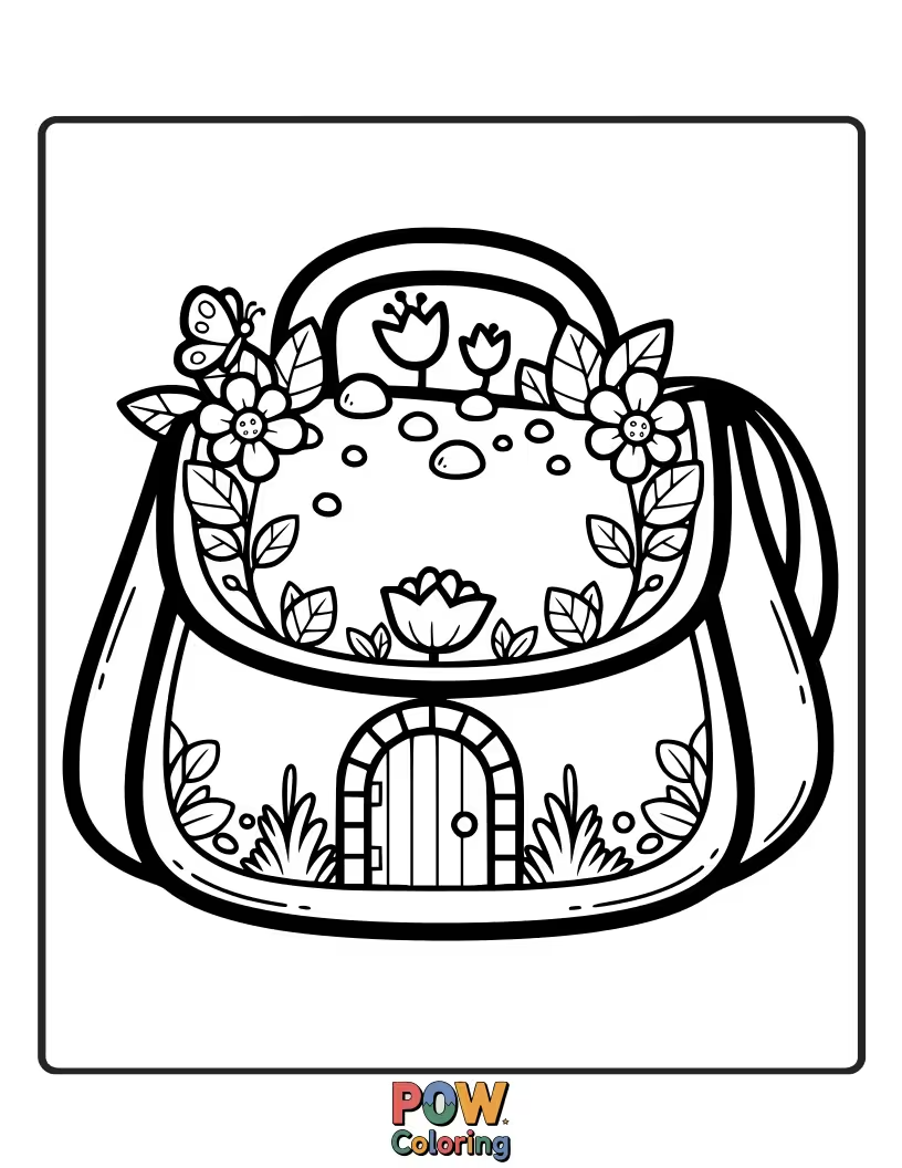 Free coloring page of Elegant bags with floral motifs and hidden creatures, evoking the mystery and beauty of a secret, enchanting garden.