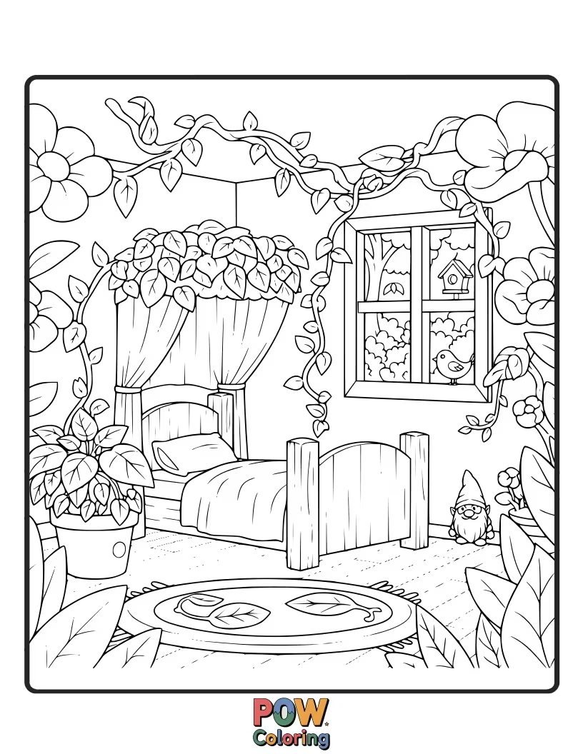 Free coloring page of Vines, flowers, and tiny gnomes create a hidden oasis for peaceful coloring and imaginative play.
