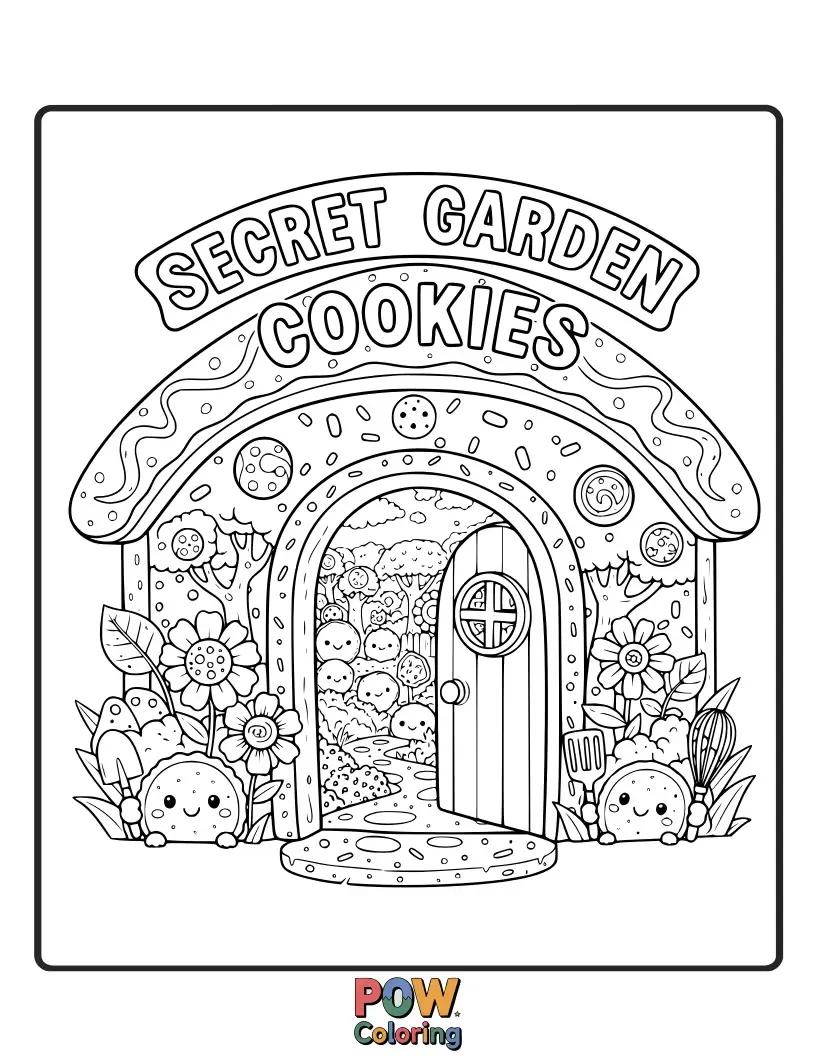 Free coloring page of Intricate cookies adorned with hidden doors, tiny keys, and blooming flowers. Uncover the magic within.