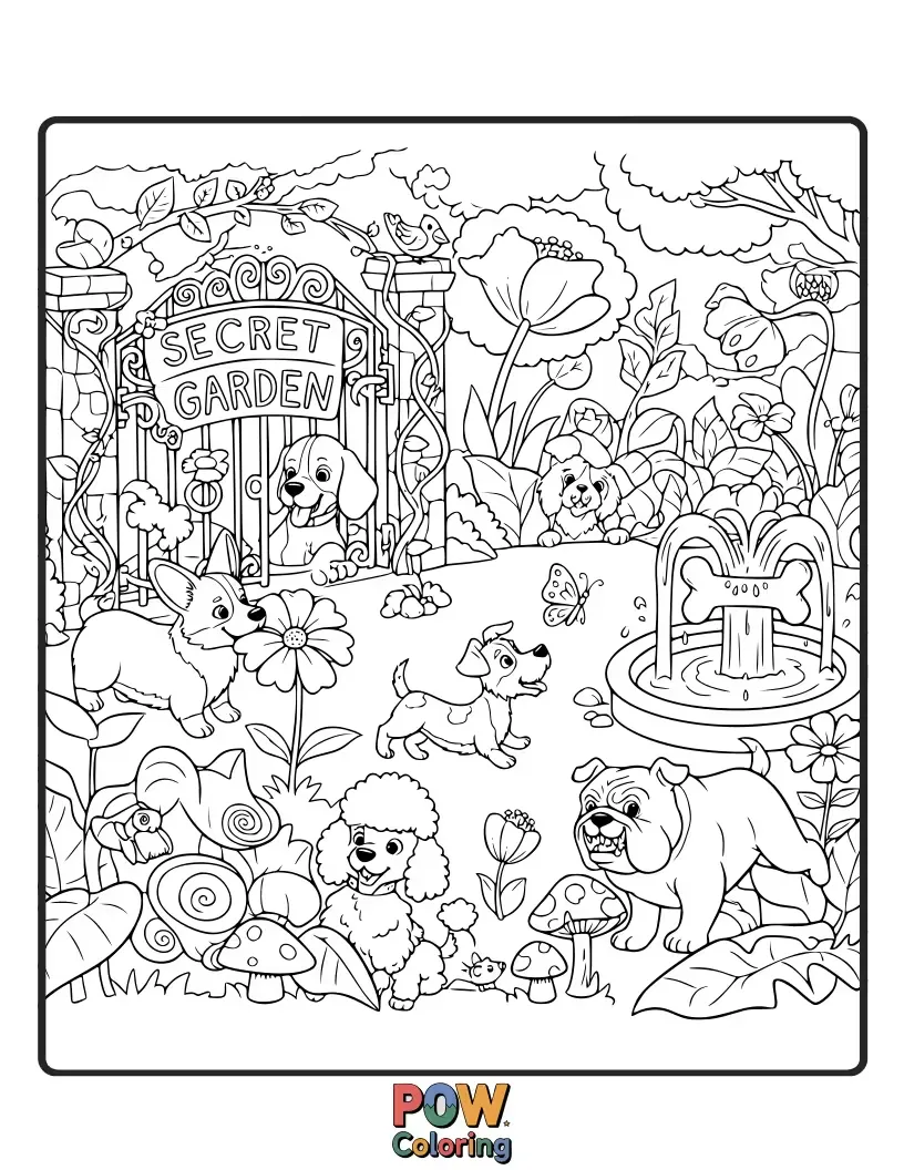 Free coloring page of Enchanting dogs peeking from behind oversized flowers and lush foliage, creating a serene and beautiful scene for mindful coloring.