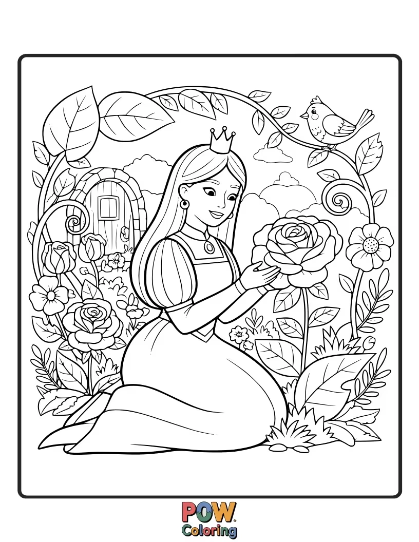 Free coloring page of A curious princess discovering a hidden, secret garden filled with enchanting wonders.