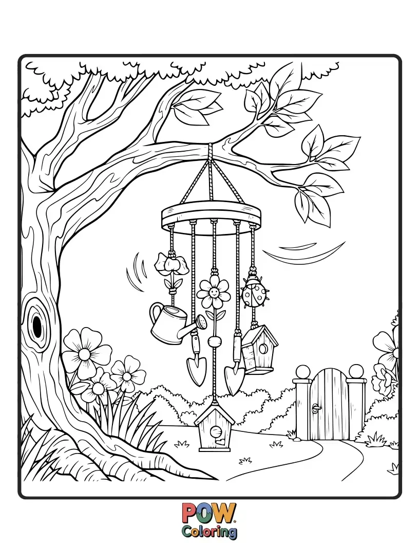 Free coloring page of Hidden wind chimes nestled among lush foliage in a secret, enchanting garden.