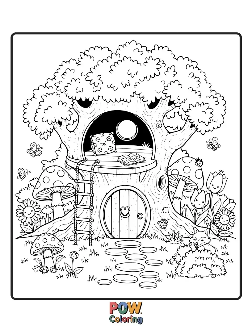 Free coloring page of A cozy, hidden nook within a garden, complete with a tiny bench and a secret passage for imaginative play.
