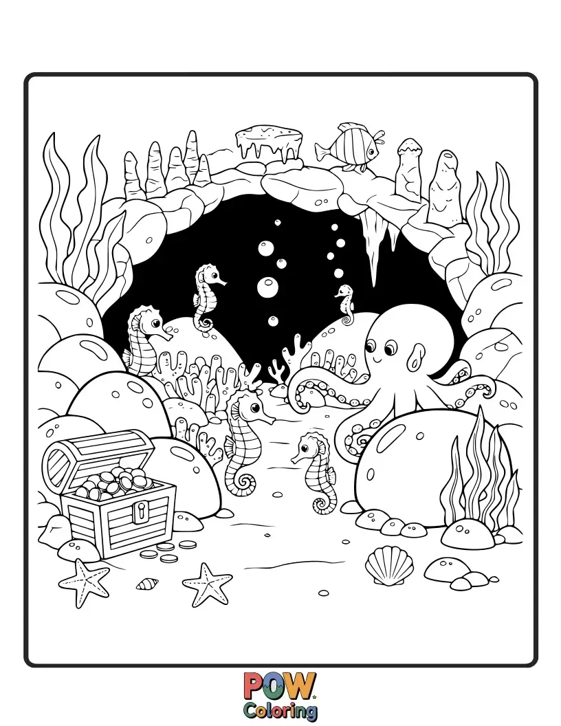Free coloring page of A curious seahorse peeking out from a mysterious underwater cave entrance, hinting at secrets within.