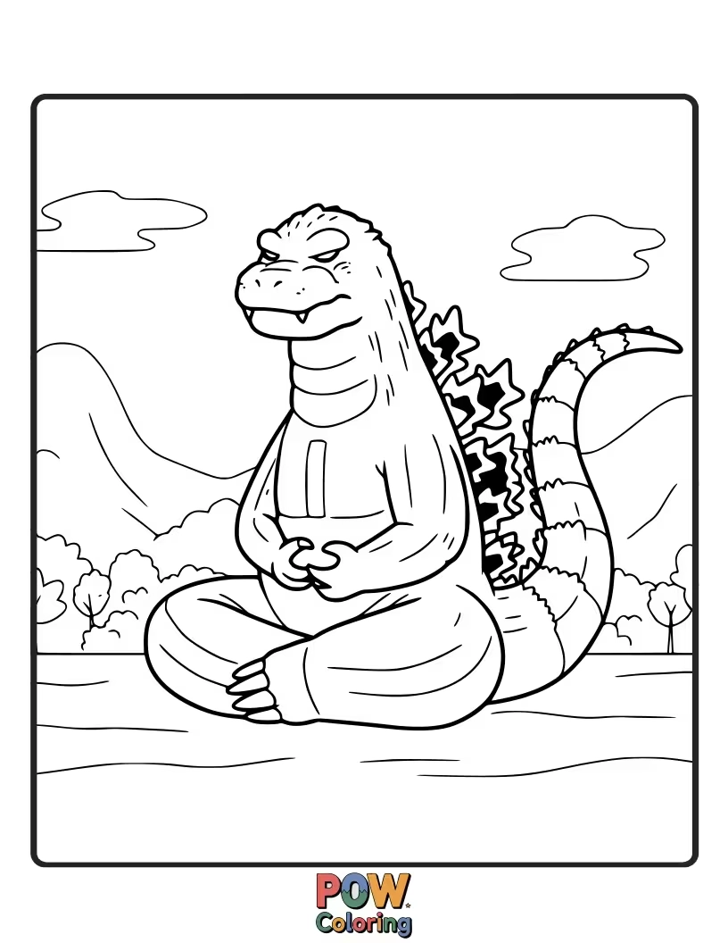 Free coloring page of Godzilla standing tall and majestic on a rocky shore, silhouetted against a setting sun. Peaceful yet powerful.