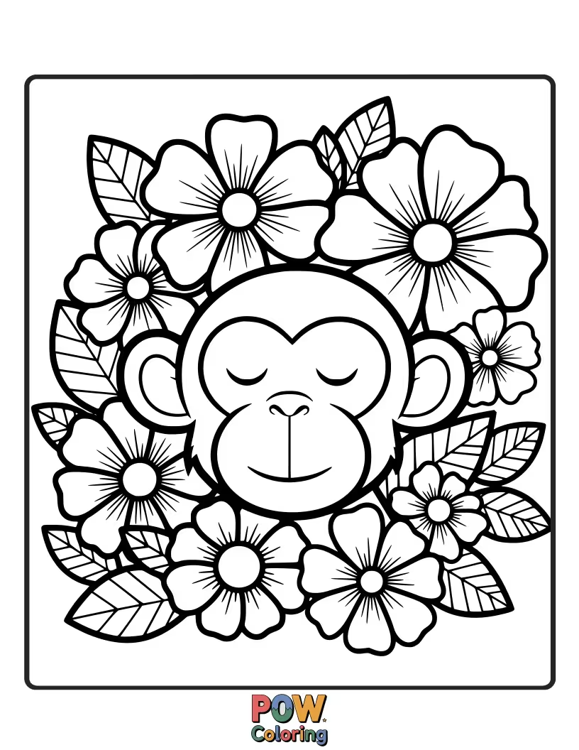Free coloring page of A peaceful monkey sits serenely beside a giant, blossoming flower, its expression calm and its surroundings filled with floral beauty.