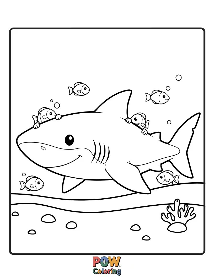 Free coloring page of A friendly, smiling shark gracefully glides through clear ocean water, accompanied by tiny bubbles and playful seahorses.