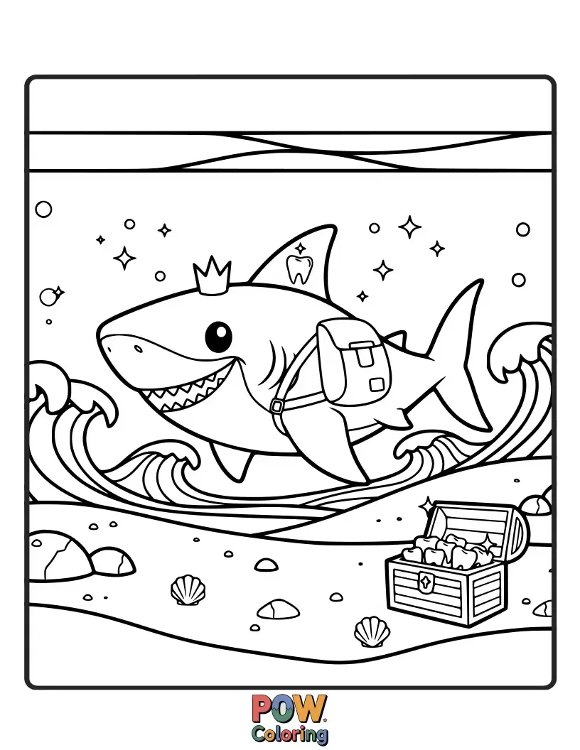 Free coloring page of A tiny shark with a big smile collecting lost teeth, leaving behind shiny pearls. A dental fantasy.