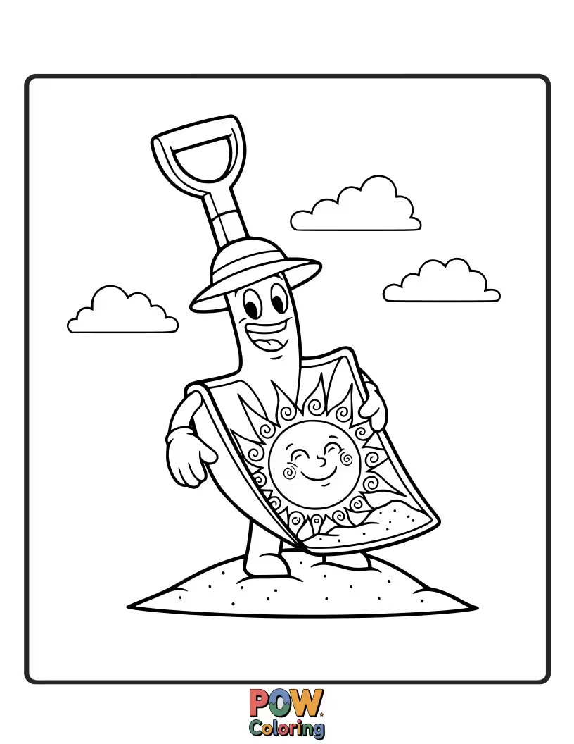 Free coloring page of A happy shovel scooping up sunshine and scattering it like confetti.