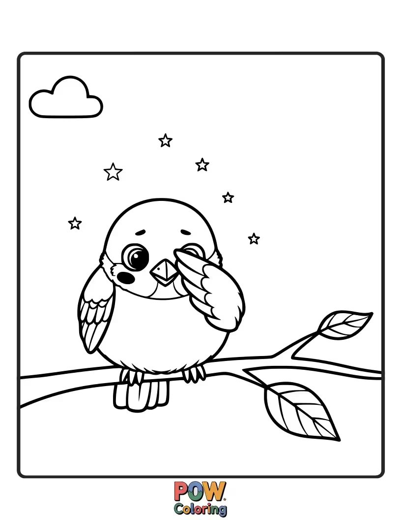 Free coloring page of A tiny, shy sparrow peeking out from behind a large, blooming flower.