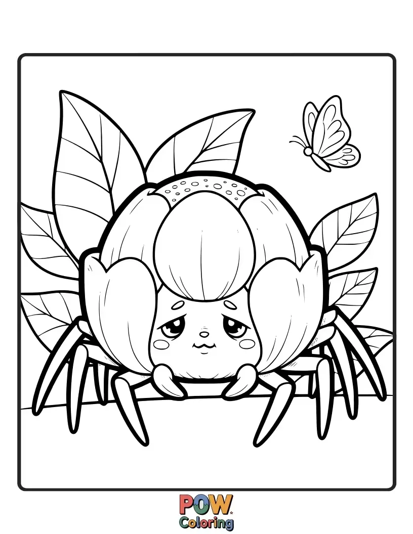 Free coloring page of A sweet spider peeking out from behind a large, beautiful flower. Invites gentle and blushing color choices.