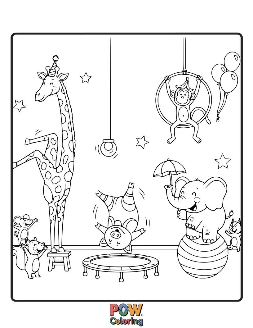 Free coloring page of A hilarious bunch of animals, like a wobbly penguin on a beam and a clumsy bear on vault, attempting gymnastics.