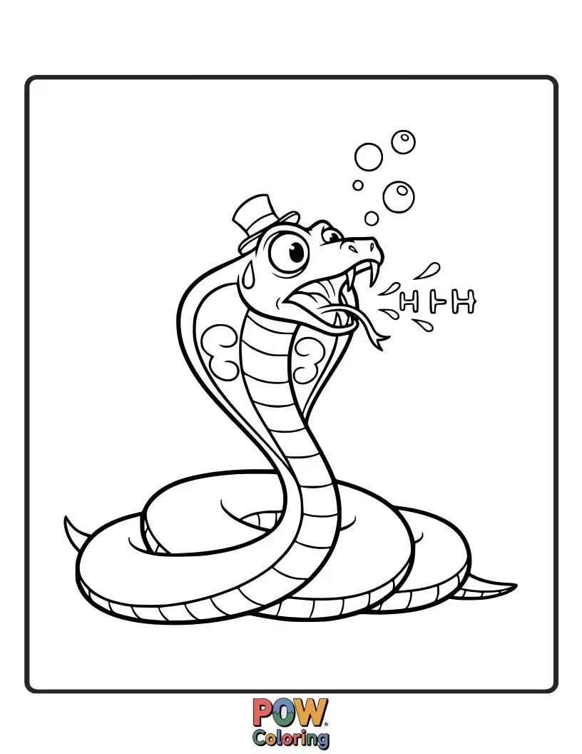 Free coloring page of A funny cobra snake with its eyes crossed and a little puff of air coming out, mid-hiccup.