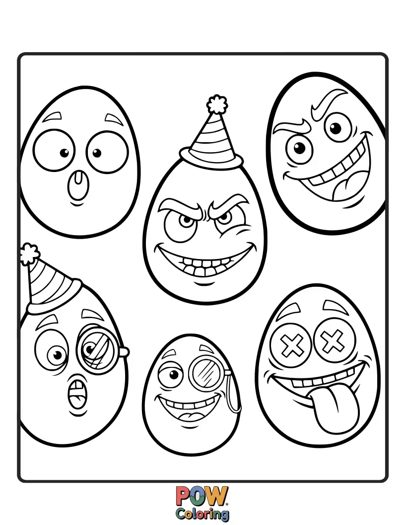 Free coloring page of A variety of funny eggs with exaggerated expressions: surprised, giggling, winking, and with silly hats, perfect for playful coloring.