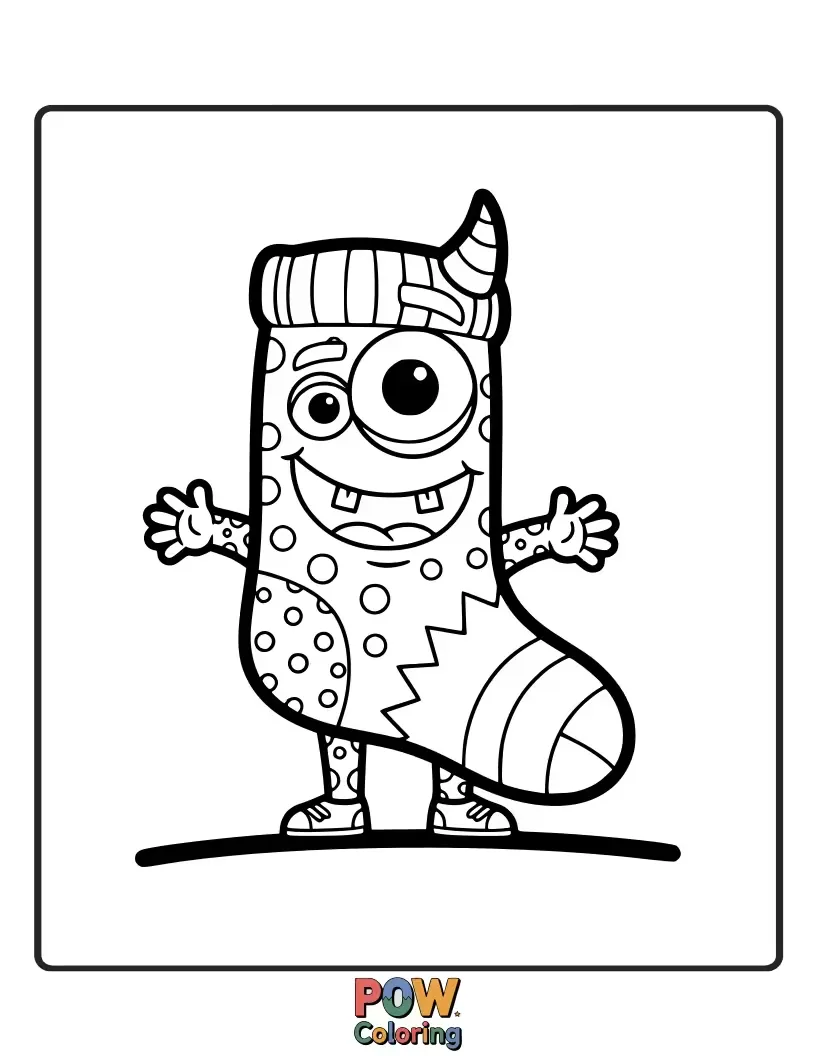 Free coloring page of Unleash your inner monster with these playful socks! They have googly eyes, funny mouths, and mismatched patterns.