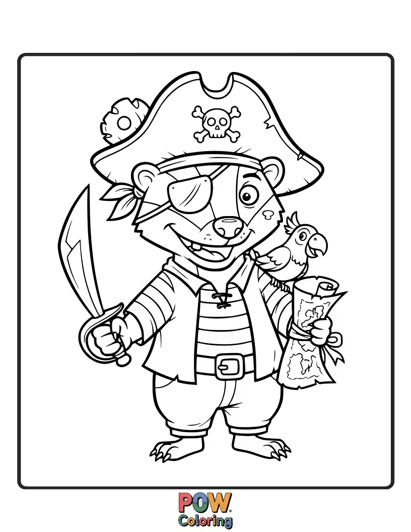 Free coloring page of A grumpy-looking but actually sweet pirate badger guarding a hole filled with berries.