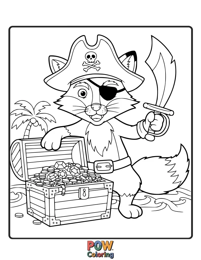 Free coloring page of A sly but comical fox pirate with a bandana, peeking out from behind a large treasure chest.