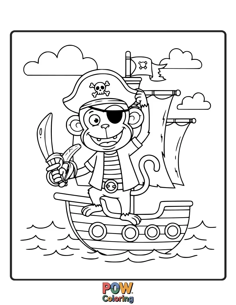 Free coloring page of A chattering monkey pirate standing in a ship, wearing a pirate hat and a grin.