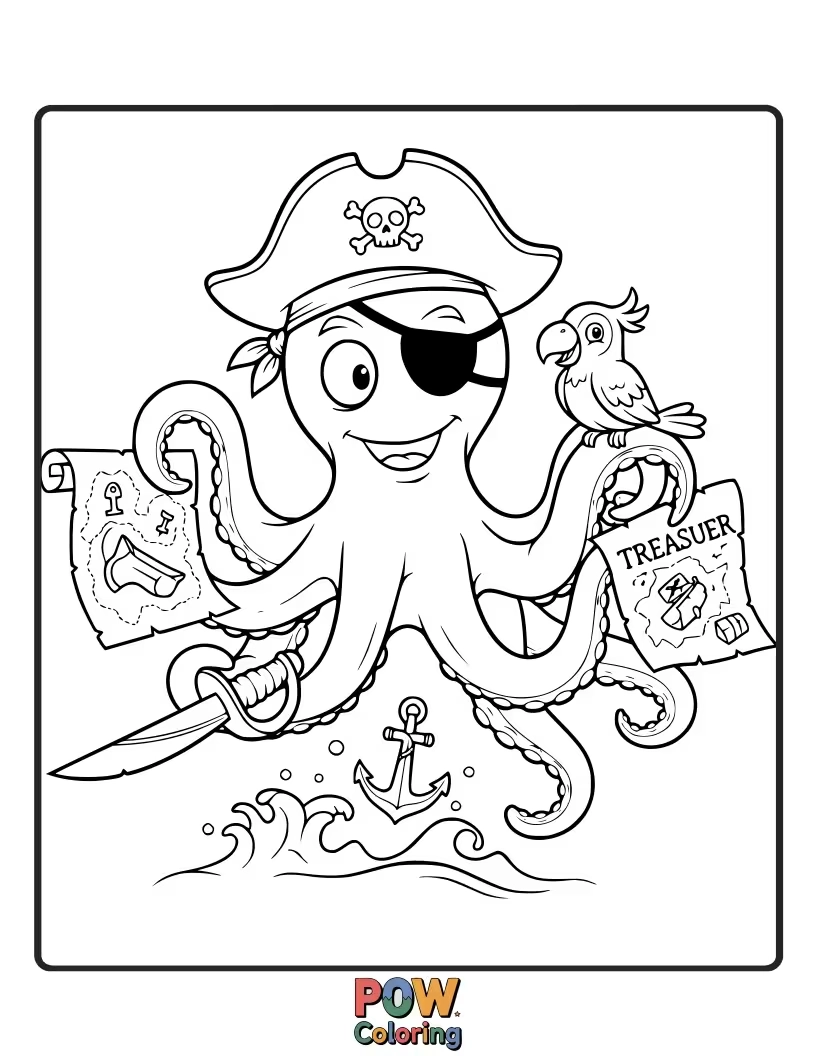 Free coloring page of A four-armed pirate octopus juggling various shiny trinkets with a mischievous grin.