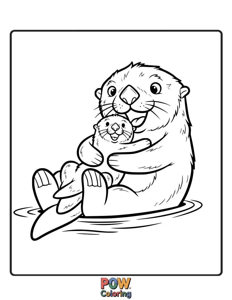Free coloring page of Two adorable sea otters floating on their backs, holding hands and sharing a gummy grin. Utterly charming and sweet.