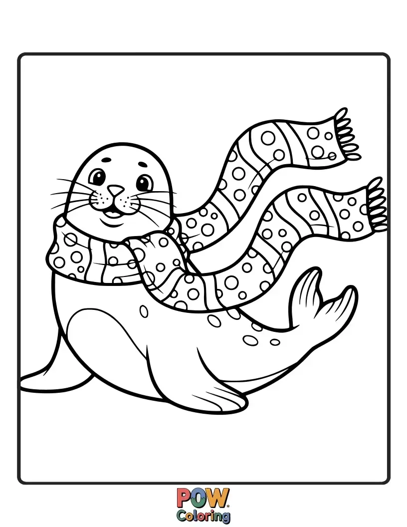 Free coloring page of A happy seal balancing a wonderfully patterned scarf on its nose. A fun and playful aquatic friend.