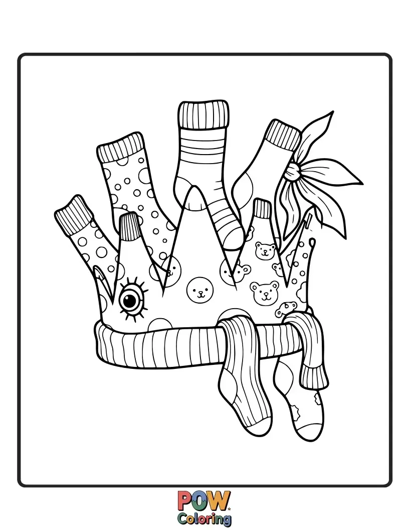 Free coloring page of A hilariously mismatched collection of socks artfully arranged into a surprisingly jaunty crown.