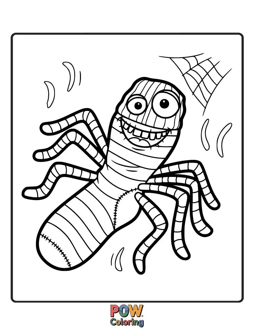 Free coloring page of A spider transformed into a playful sock puppet with googly eyes. Invites fun, simple, and energetic coloring.