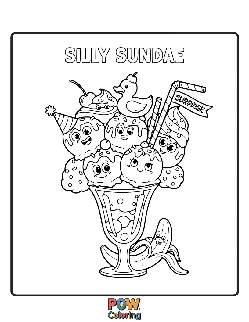 Free coloring page of A smiling ice cream sundae with a cherry on top, winking at the viewer.
