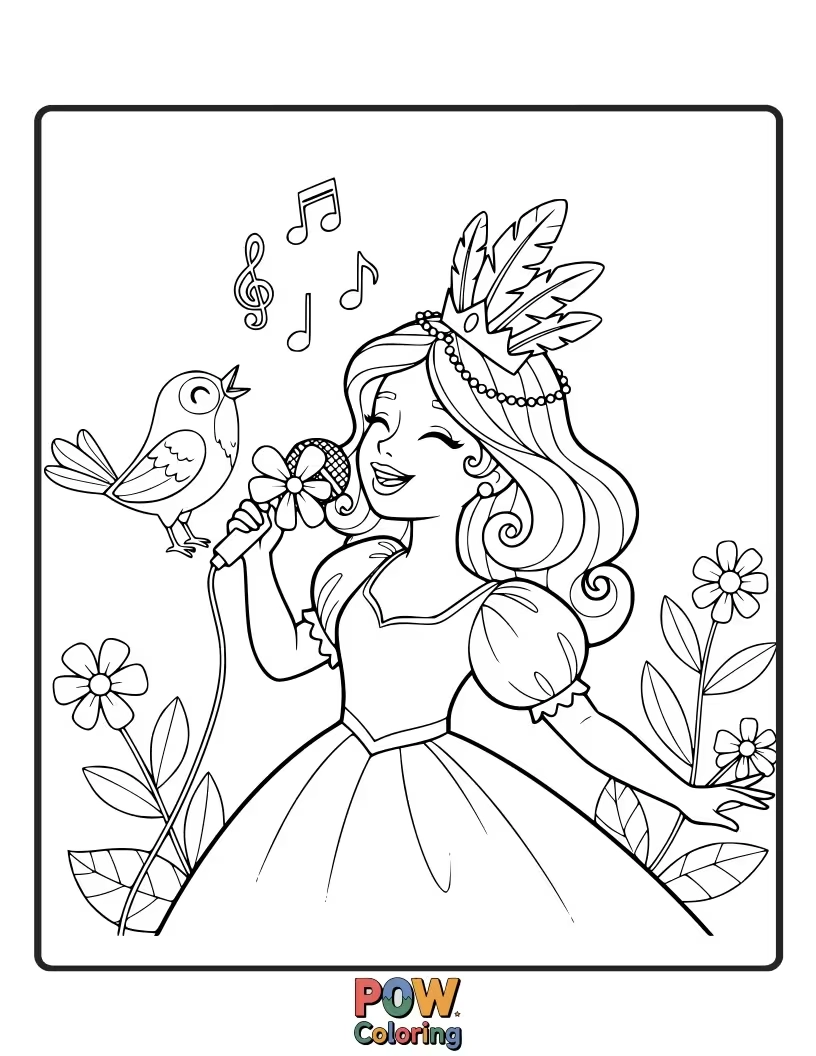 Free coloring page of A joyful princess with a melodious voice, accompanied by colorful, singing birds.