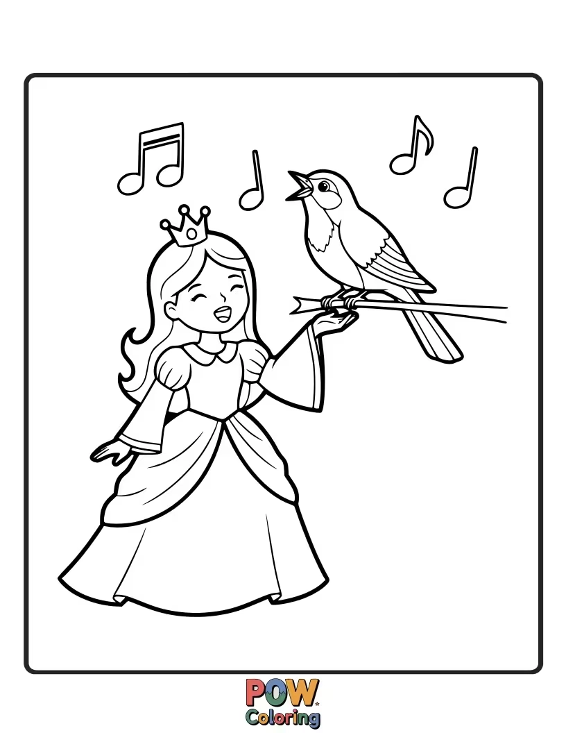 Free coloring page of A princess captivated by the beautiful song of a tiny, chirping nightingale.