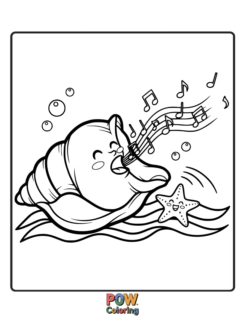 Free coloring page of A conch seashell with musical notes flowing out, inviting little artists to color a beautiful song.
