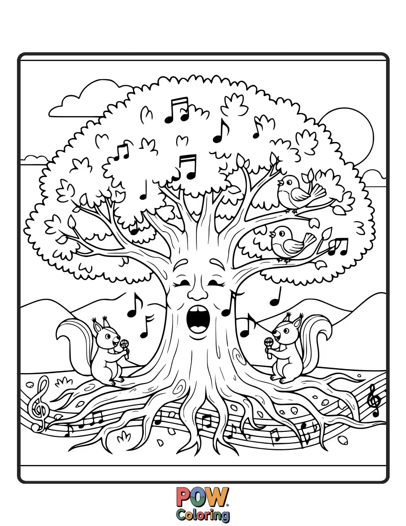 Free coloring page of Sycamore trees with musical notes drifting from their branches, filling the air with sweet melodies.