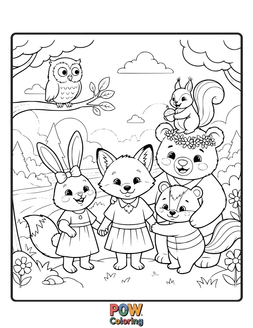 Free coloring page of Sisters cuddling with a collection of adorable, fluffy pets: a puppy, a kitten, and a bunny.