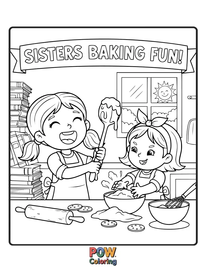 Free coloring page of A pair of sisters joyfully covered in flour, decorating a delicious cake with sprinkles and cherries.