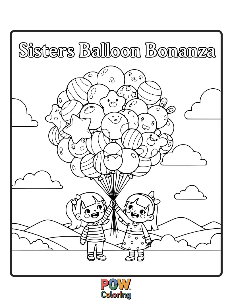 Free coloring page of Two sisters surrounded by a multitude of colorful balloons, floating and bouncing in a joyful celebration.