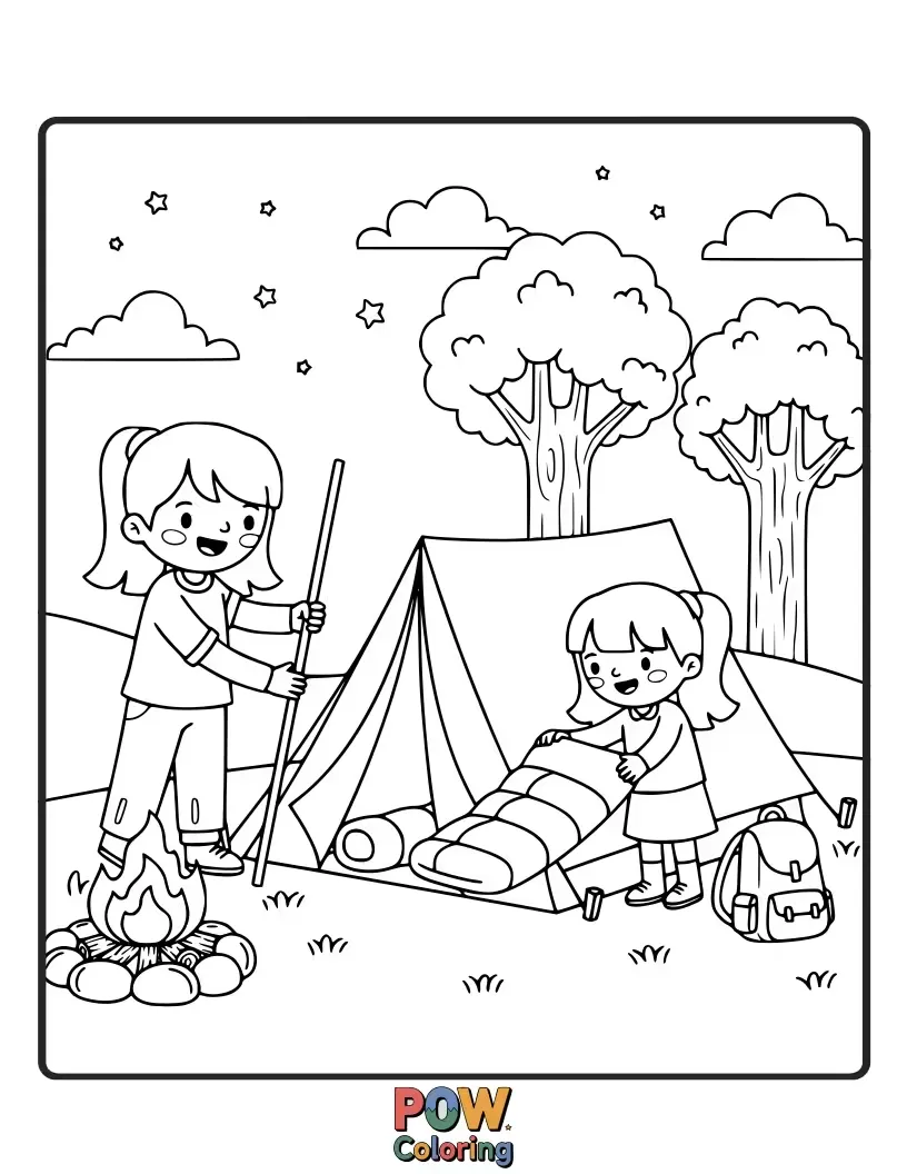 Free coloring page of Sisters roasting marshmallows over a campfire under a starry sky, sharing stories and enjoying nature's embrace.