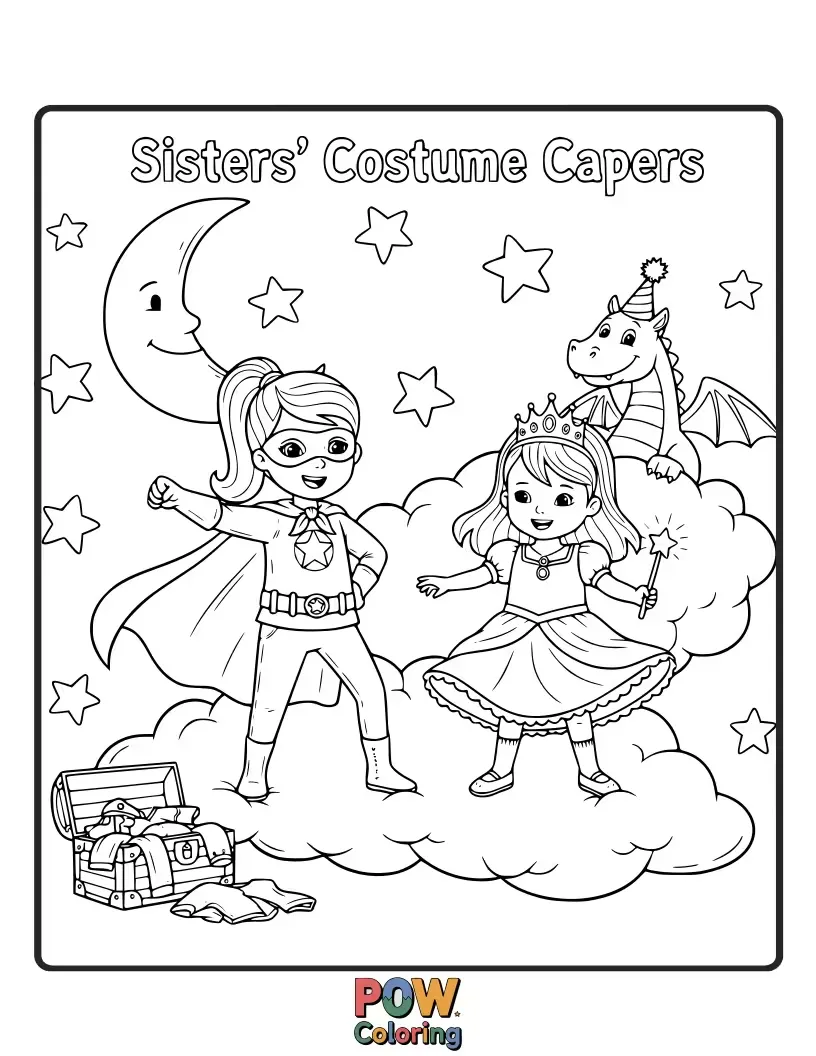 Free coloring page of Two sisters dressed in hilarious and imaginative costumes, ready for a playful dress-up adventure and fun.