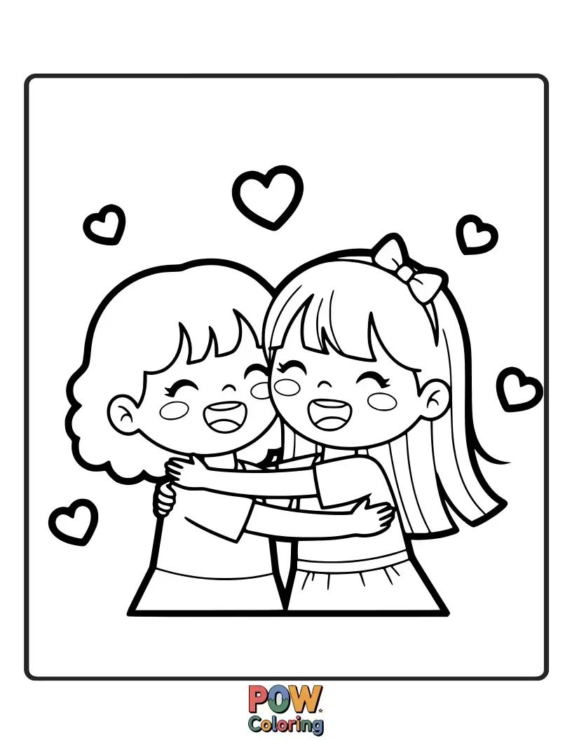 Free coloring page of Two sisters sharing a big, warm, and loving hug, showcasing their unbreakable bond and affection.