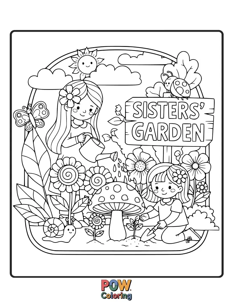 Free coloring page of Sisters tending to a vibrant garden, watering blooming flowers and surrounded by cheerful butterflies and buzzing bees.