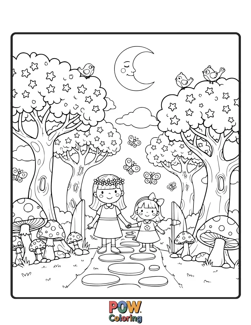 Free coloring page of Two sisters hand-in-hand, exploring a whimsical forest filled with friendly creatures and sparkling, enchanted flora.