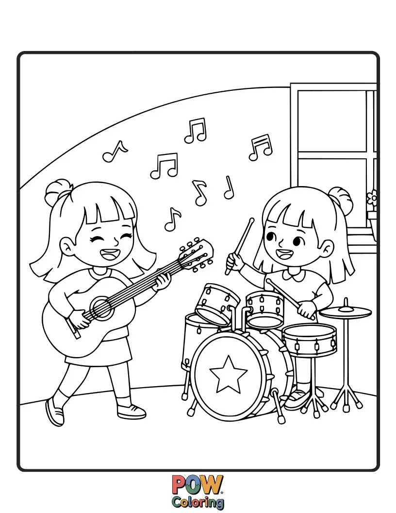 Free coloring page of Two sisters rocking out with miniature instruments, creating a symphony of colors with their musical energy.