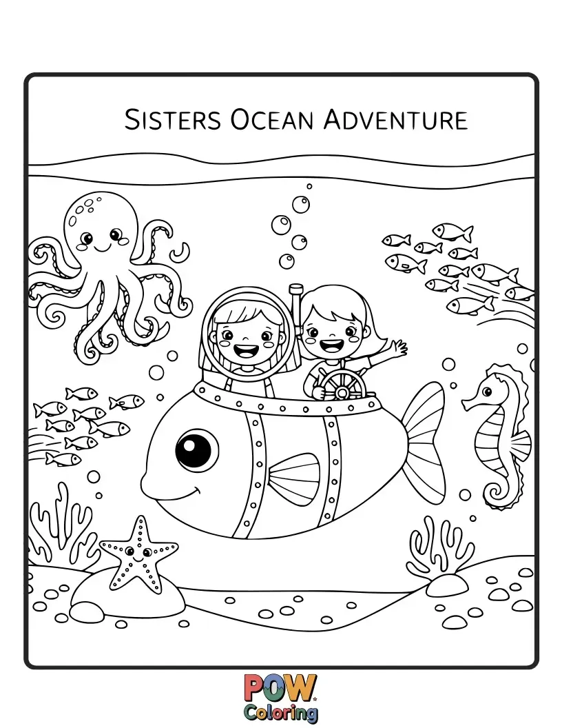 Free coloring page of Sisters diving into the ocean, swimming with playful dolphins and colorful fish in a vibrant underwater world.